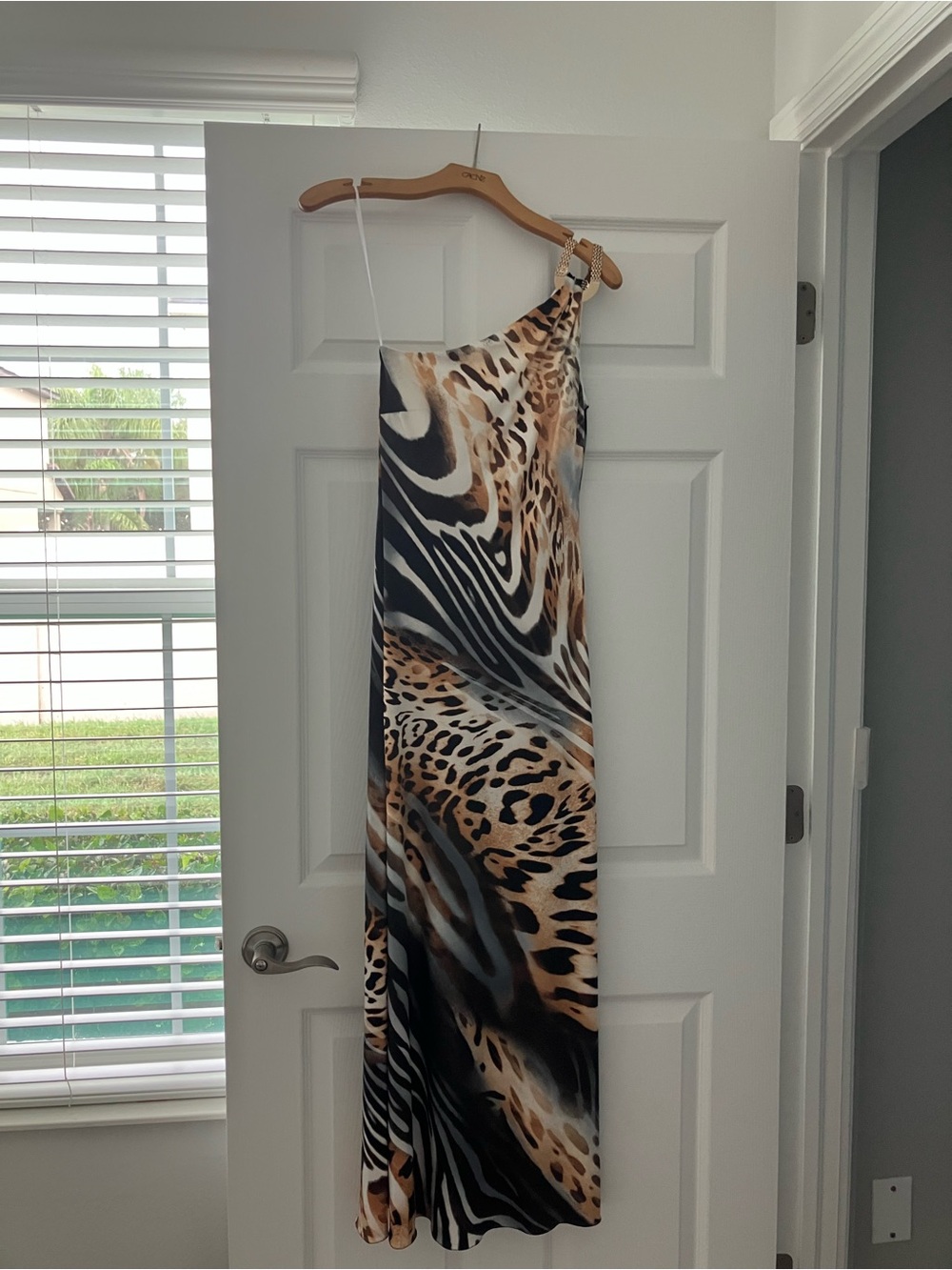 Cache One-Shoulder Animal-Print Maxi Dress in Brown, Black, and Cream